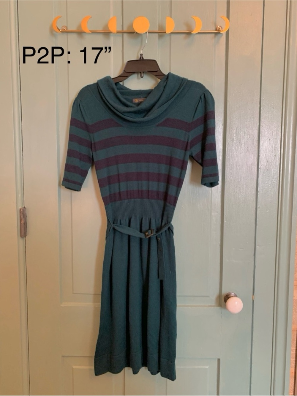 Striped Teal and Navy Knit Belted Dress